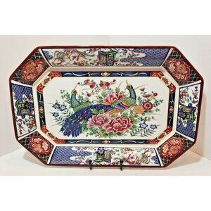 Vtg Arita Imari Japanese Rectangle Octagon Platter 16" x 10.75" Peacock Florals